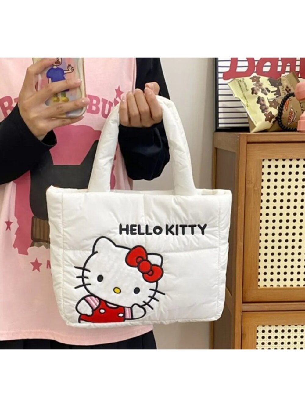 Hello Kitty Puffer Tote Bag Women’s Handbag Cartoon Quilted Shoulder Bag